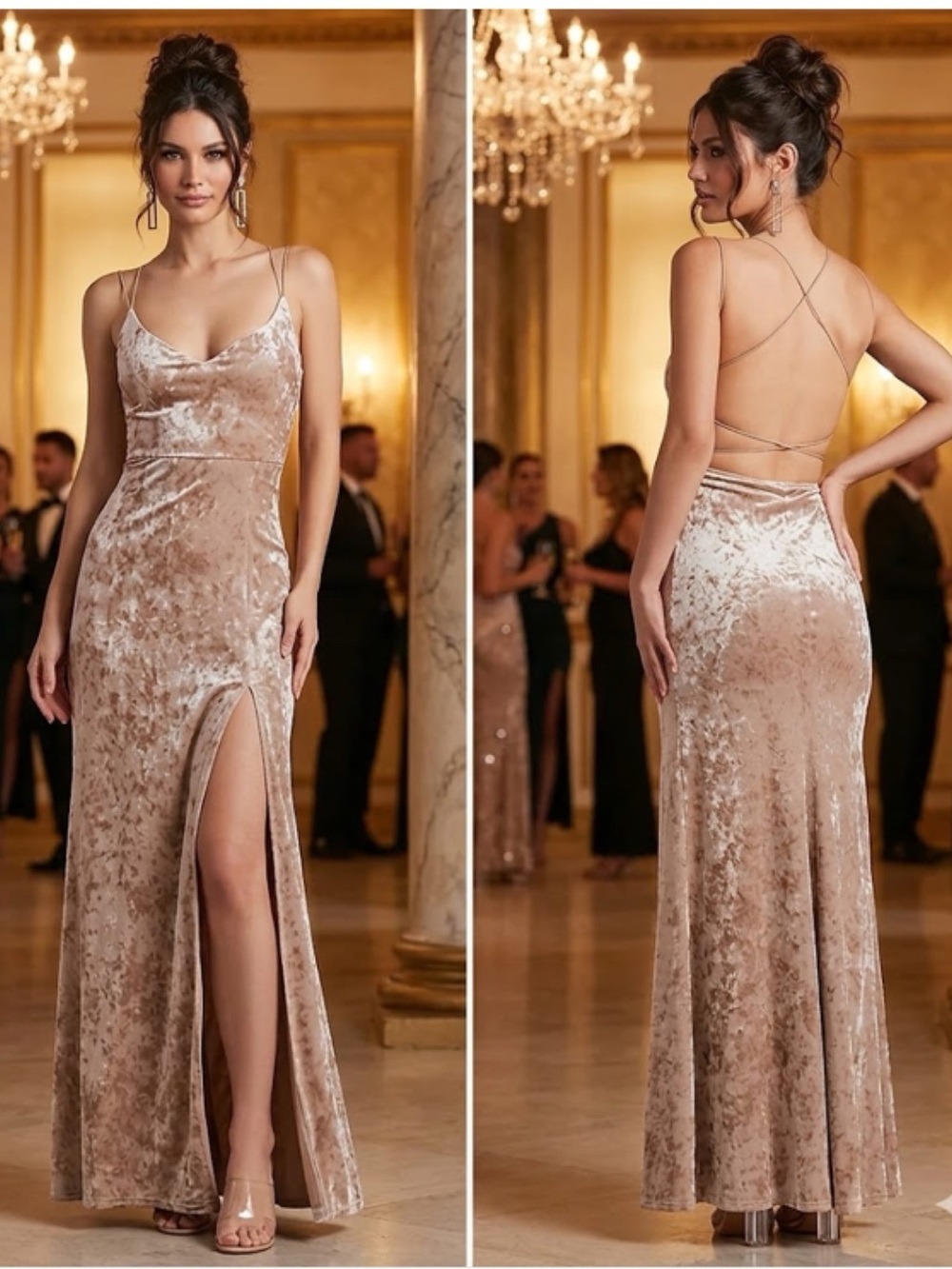 Windsor Samaria Formal Crushed Velvet Long Strappy Prom Party Dress In Oatmeal S